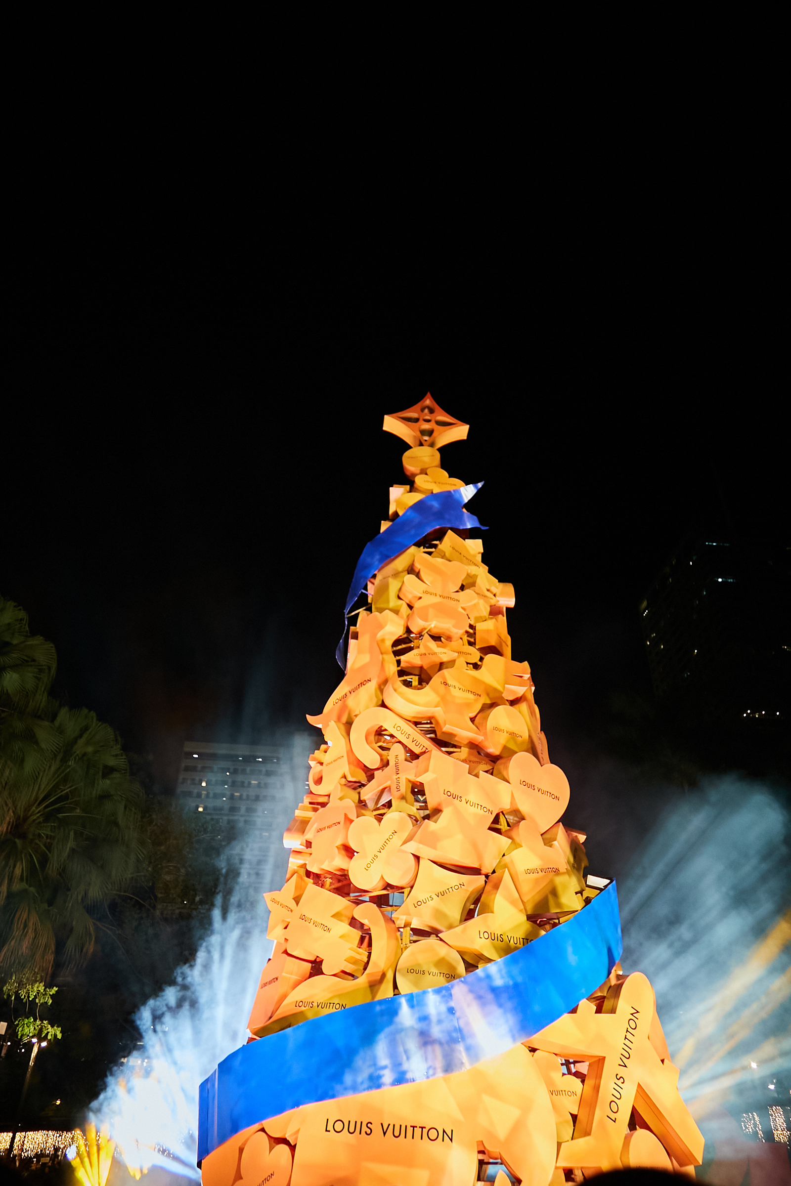 A LV Louis Vuitton branded christmas tree with the LV