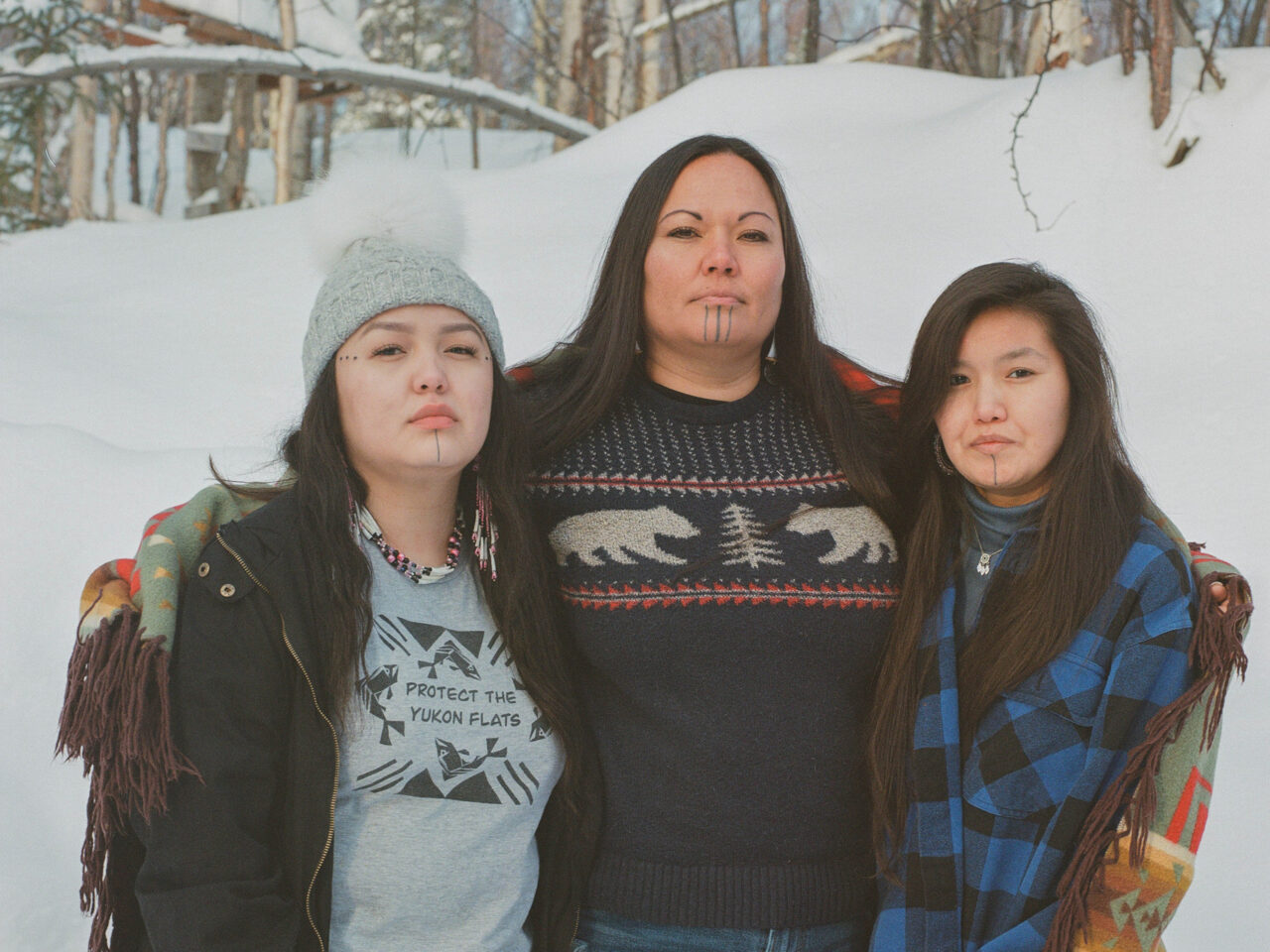 Jody Potts-Joseph with her nieces, Jaelynn Pitka and Lorena in Village-Center-Simon in Fairbanks with traditional tattoos