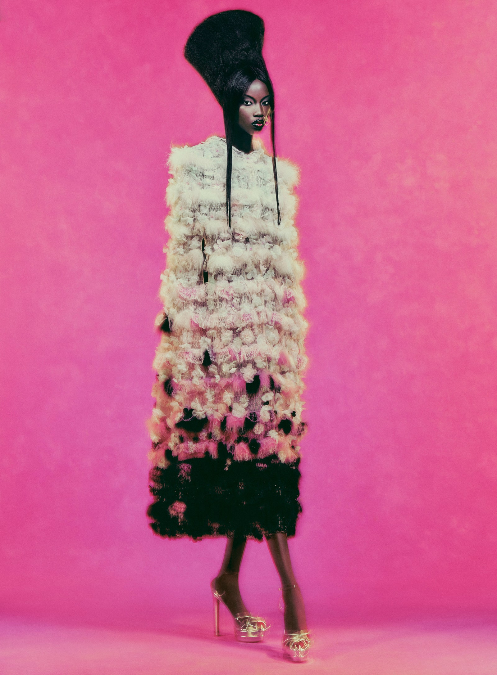 Anok Yai in Fendi haute fourrure cape from spring 2016 Karl Lagerfeld