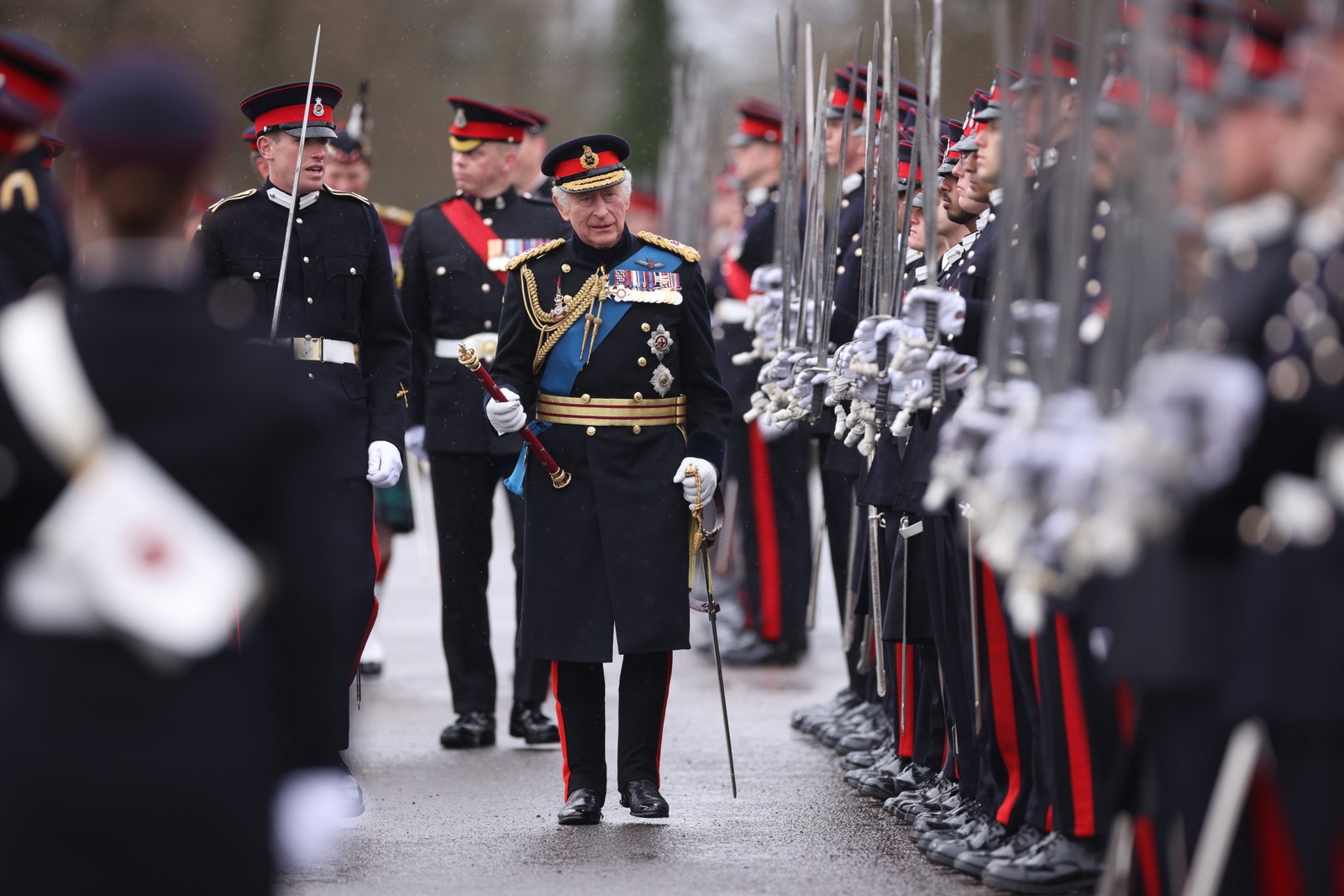 King Charles III inspects the 200th Sovereign’s Parade ay Sandhurst in April 2023.