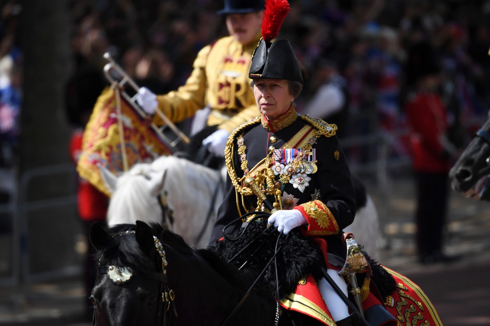 Princess Anne rides horseback during the Trooping the Colour in June 2022 during the Platinum Jubilee celebrations.
