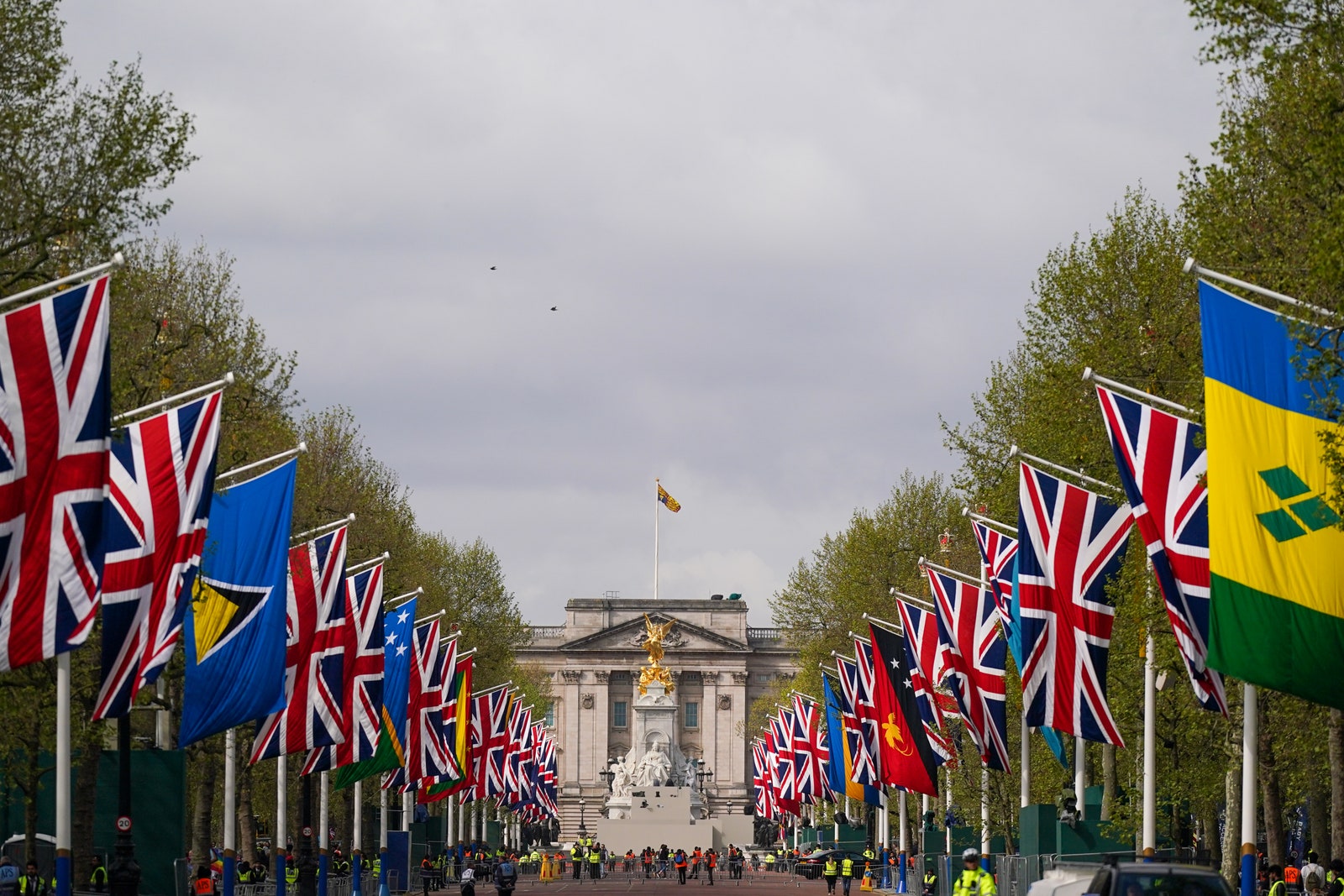 Flags are hung along The Mall during preparations for the 2023 coronation this week.