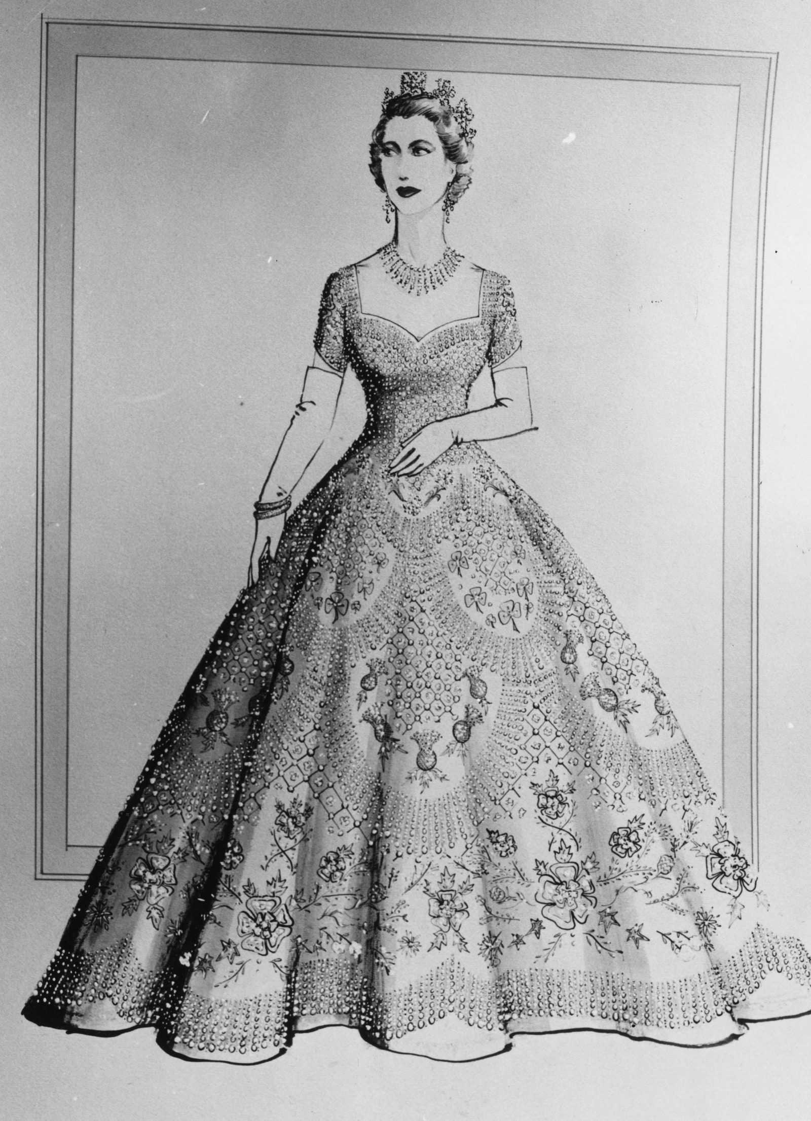 Norman Hartnell’s sketch for Queen Elizabeth’s coronation dress.