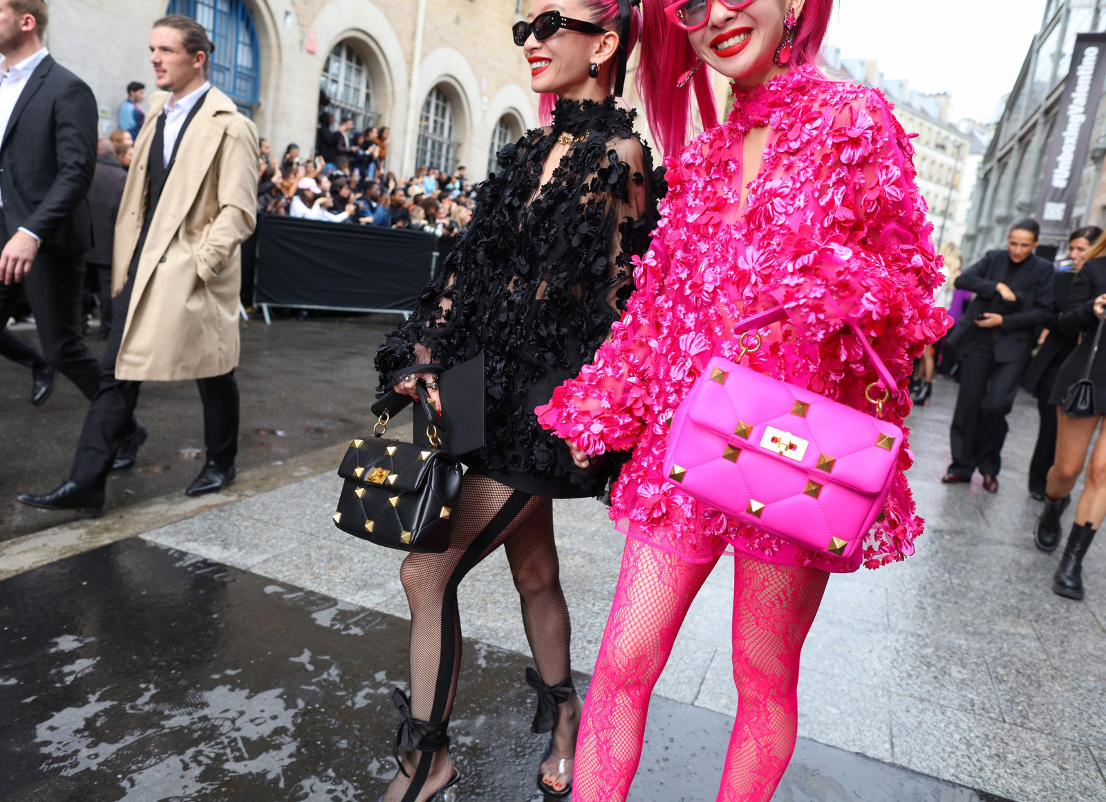Ami and Aya matched their outfits to their signature bubblegum pink hair. Paris, spring 2023 ready-to-wear Photographed by Phil Oh