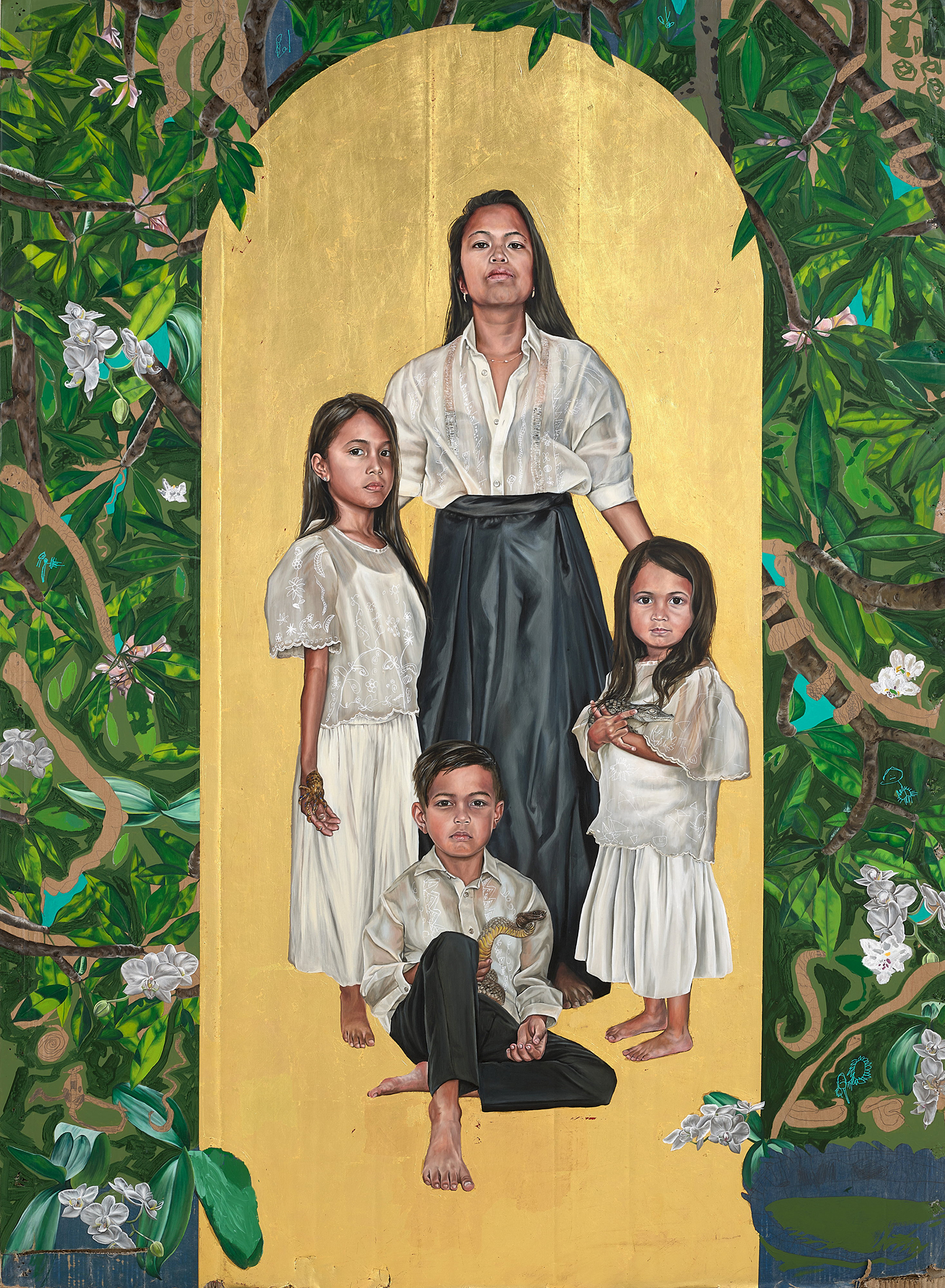 painting of a mother with 3 children Marikit Santiago
