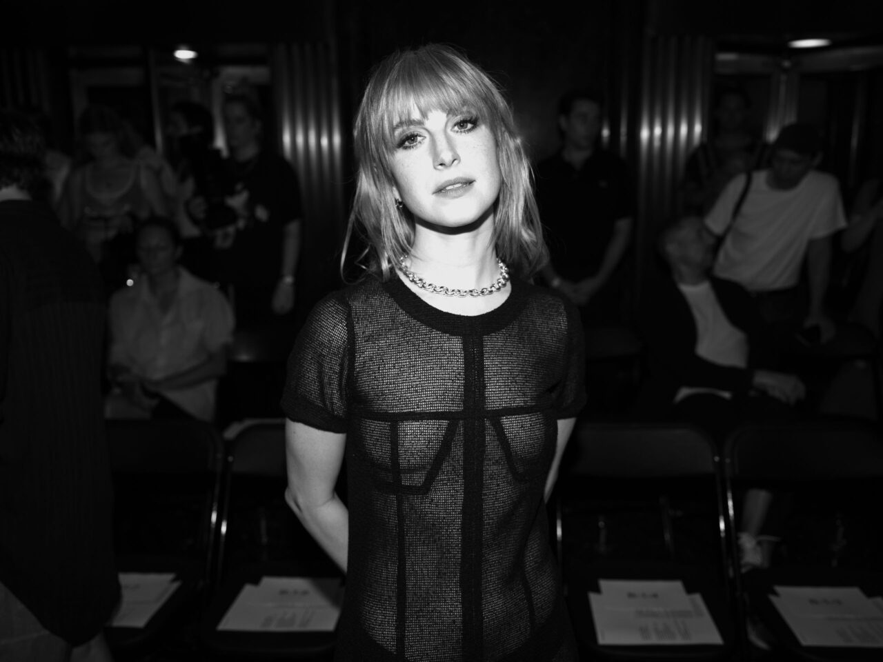 Black and white photo of Hayley Williams at Eckhaus Latta Spring 2024 at New York Fashion Week.