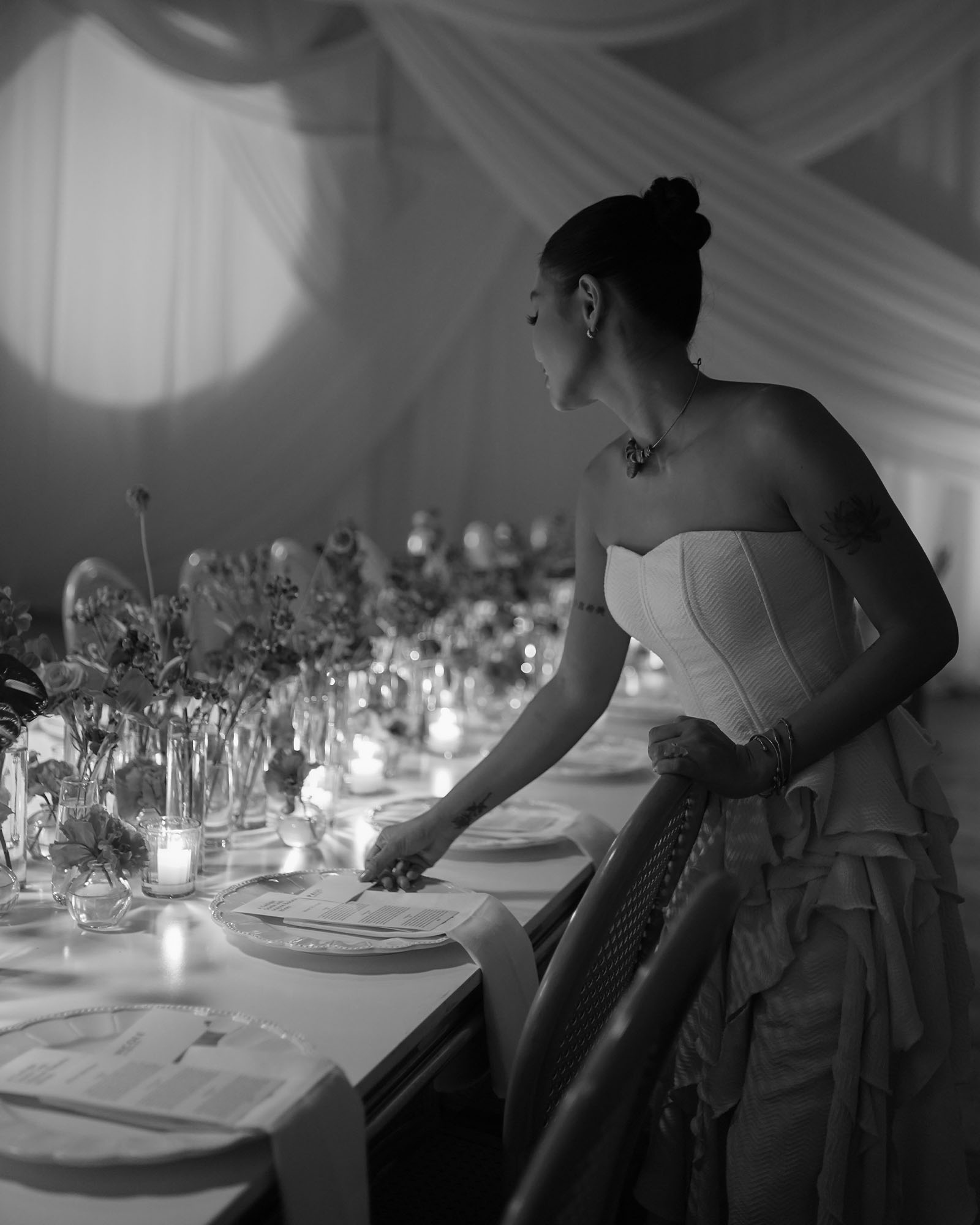 Nadine Lustre checking the table setting at the launch of Maison Bukana Wines.