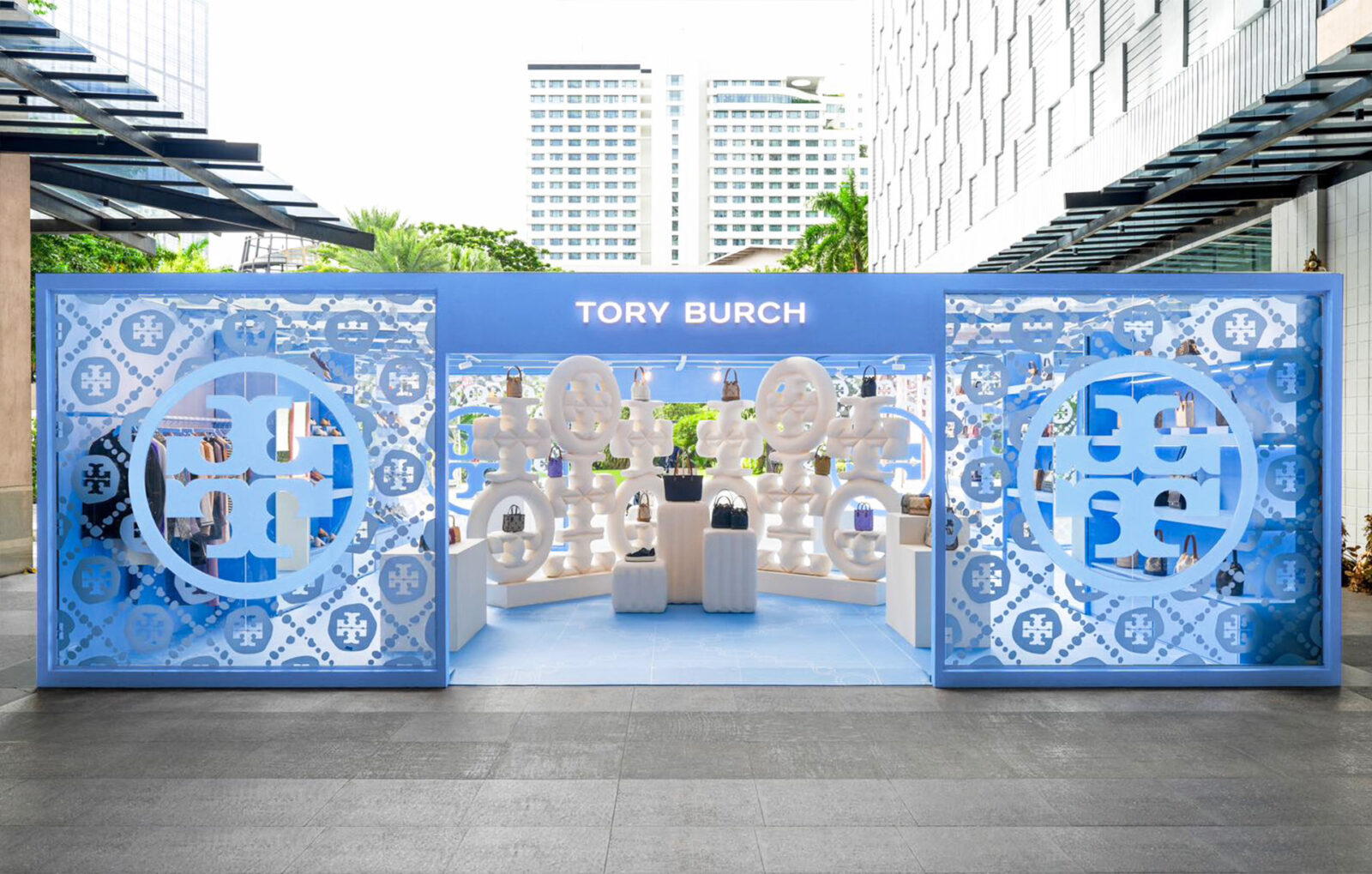 The pop-up store adorned in blue wall paint and fluffy cloud-like Tory Burch monogram