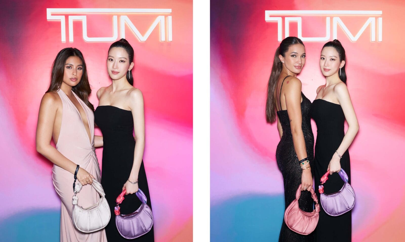 Gabbi Garcia and Sarah Lahbati with Mun Ka-Young against a pink and blue gradient of TUMI photo wall